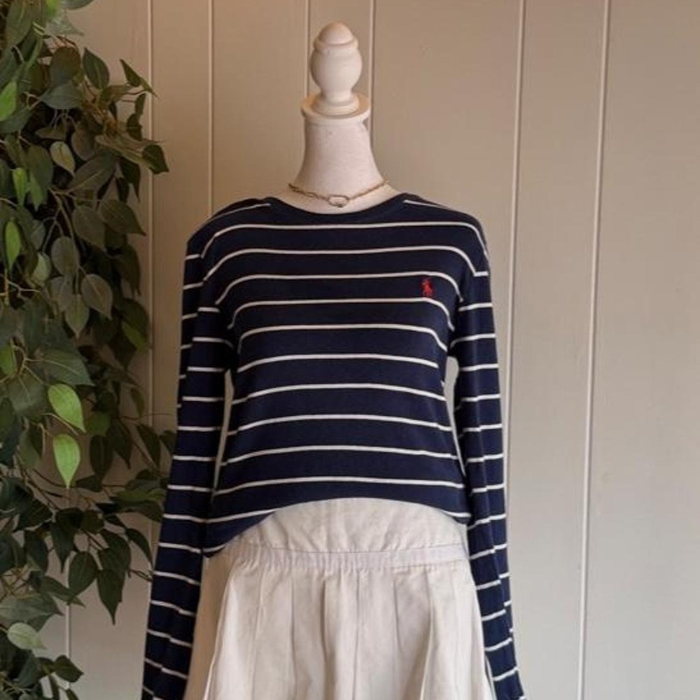 Ralph Lauren Sport Navy Blue White Striped Sweater Cotton Top Women's Size L/G